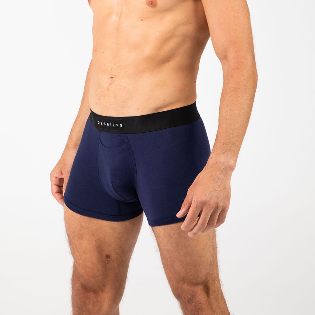 Man wearing Debriefs mens boxer briefs underwear - midnight blue side