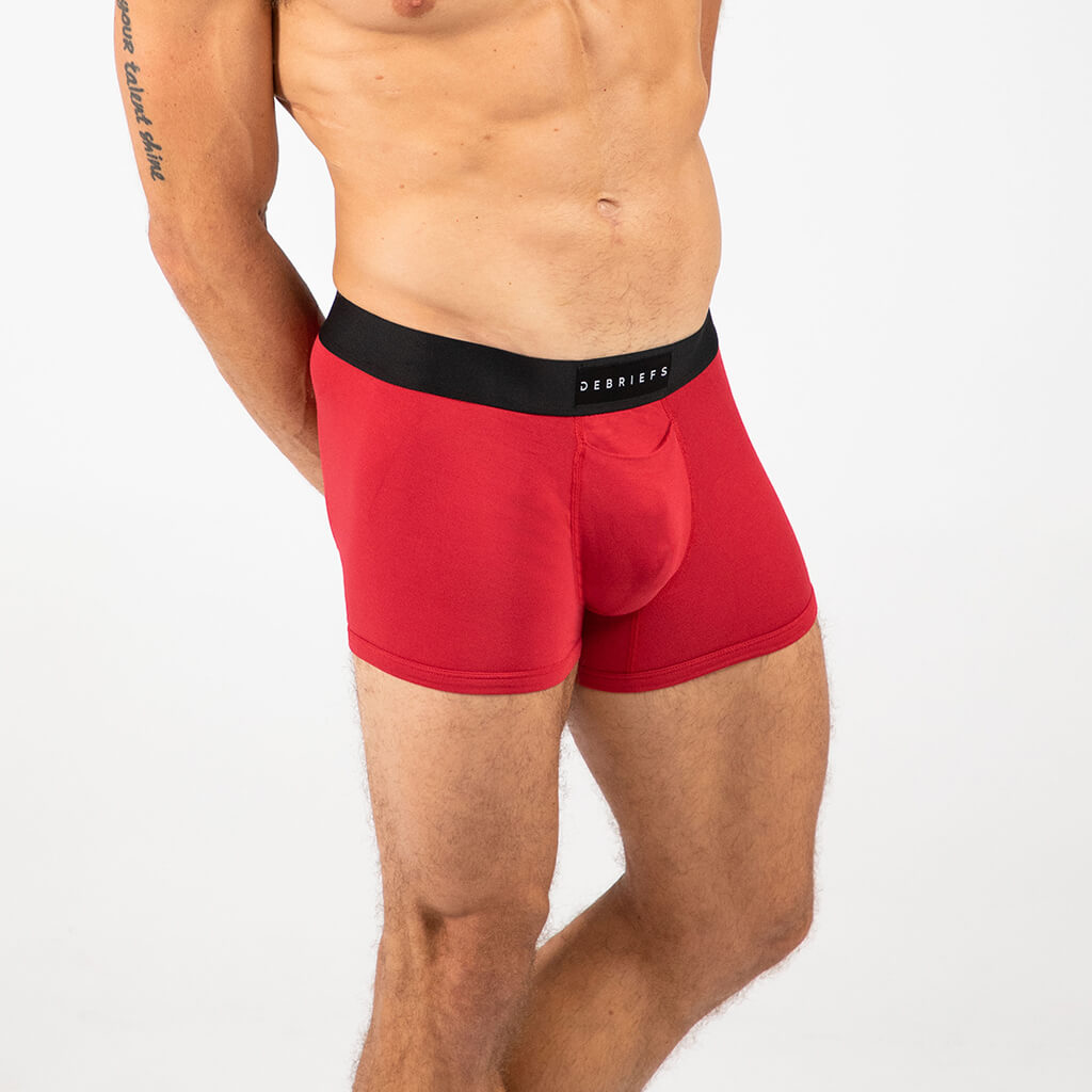 Man wearing Debriefs mens boxer briefs underwear - red front