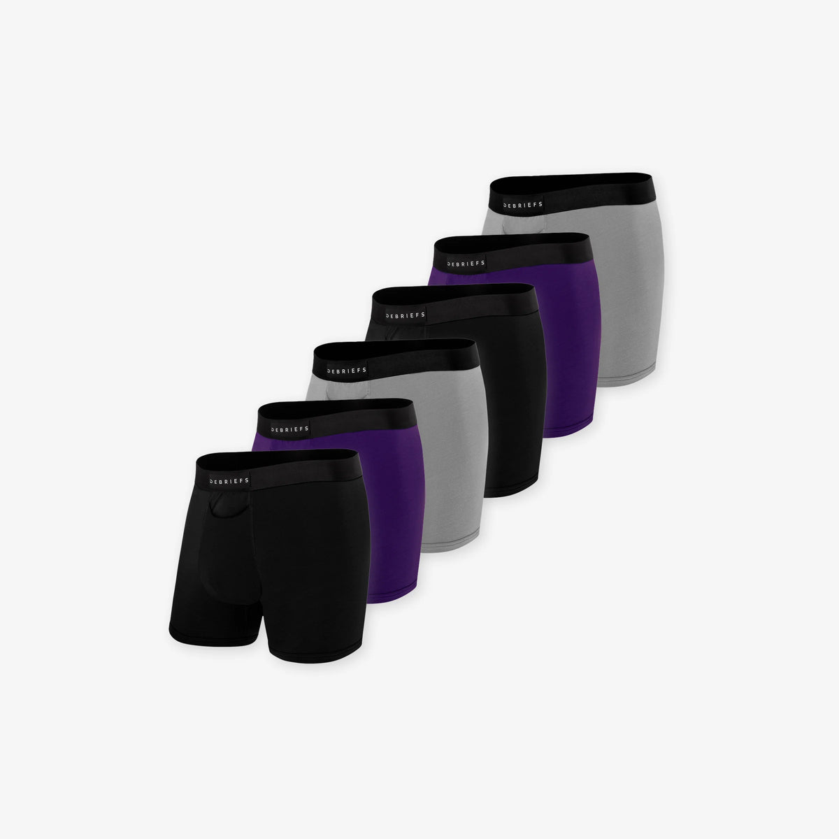 6 pack of men's boxer briefs underwear in black, deep purple and grey