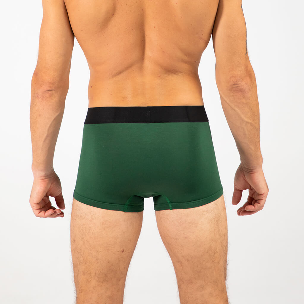 Man wearing Debriefs mens trunks underwear - forest green rear