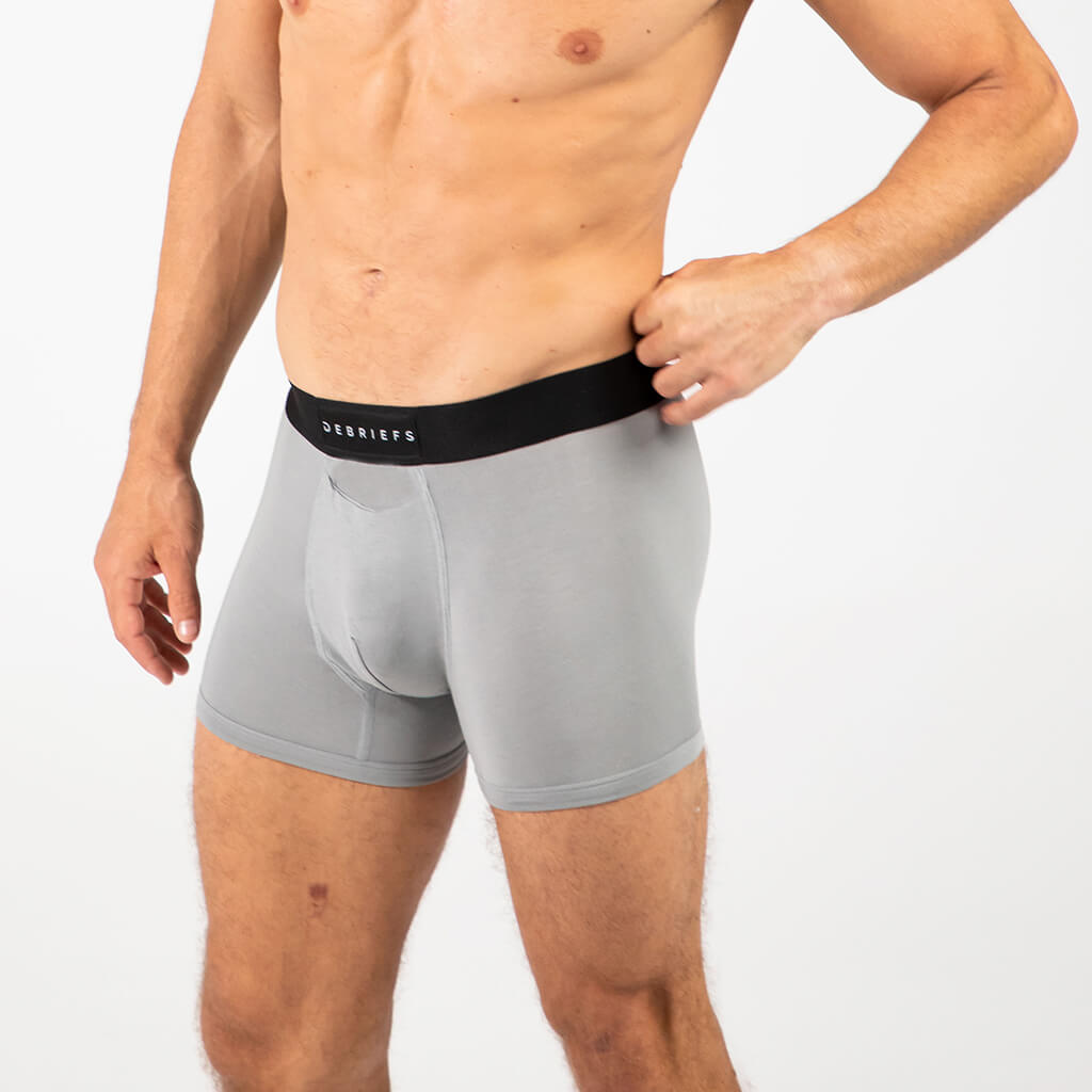 Man wearing Debriefs mens boxer briefs underwear - grey side