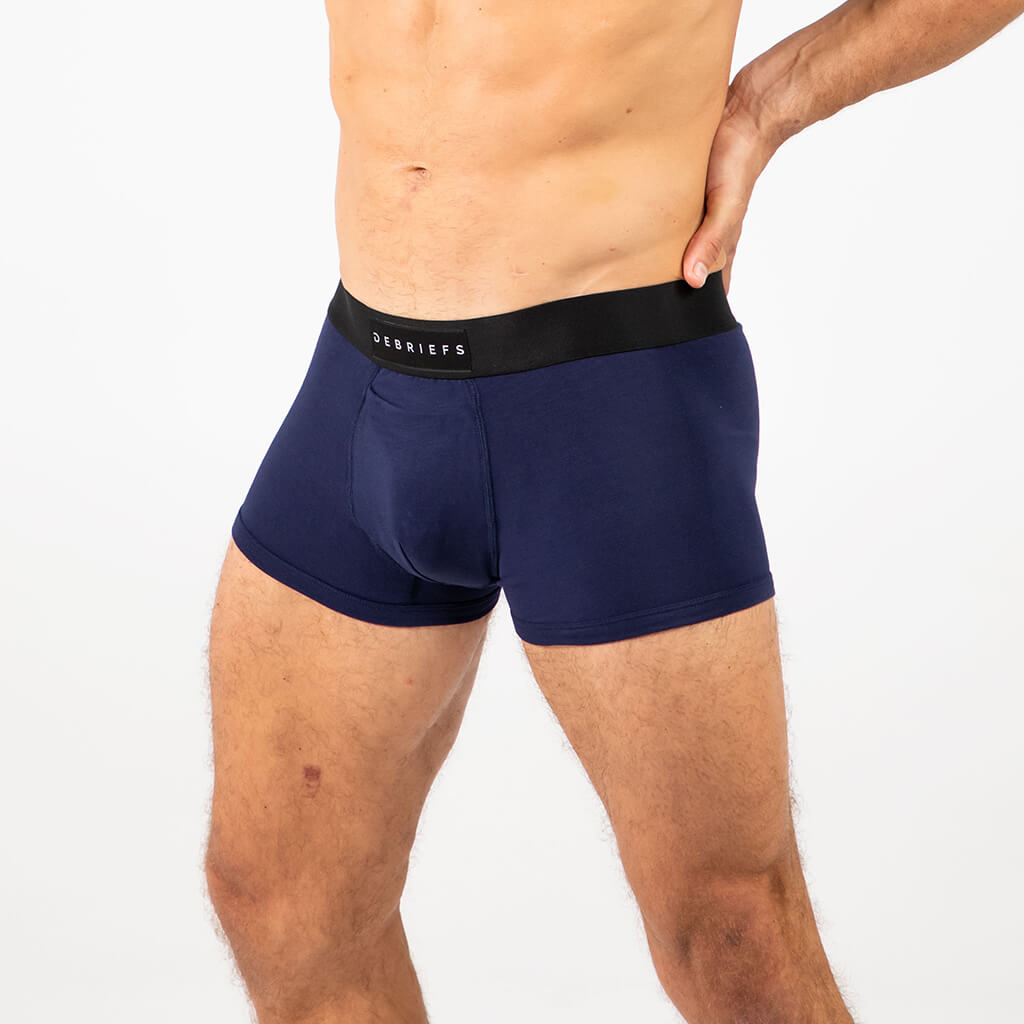 Man wearing Debriefs mens trunks underwear - midnight blue side