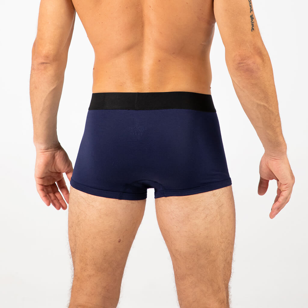 Man wearing Debriefs mens trunks underwear - midnight blue rear