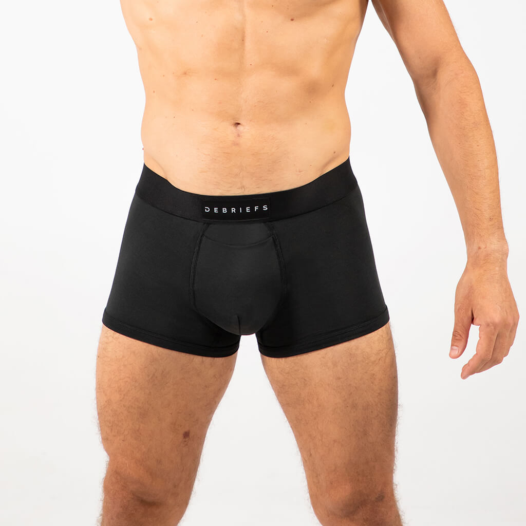 Man wearing Debriefs mens trunks underwear - black front