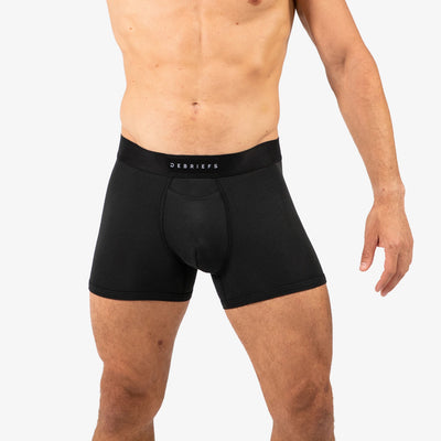 Man wearing Debriefs mens boxer briefs underwear - black front